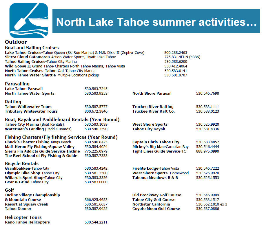 SummerFall Activities North Lake Tahoe